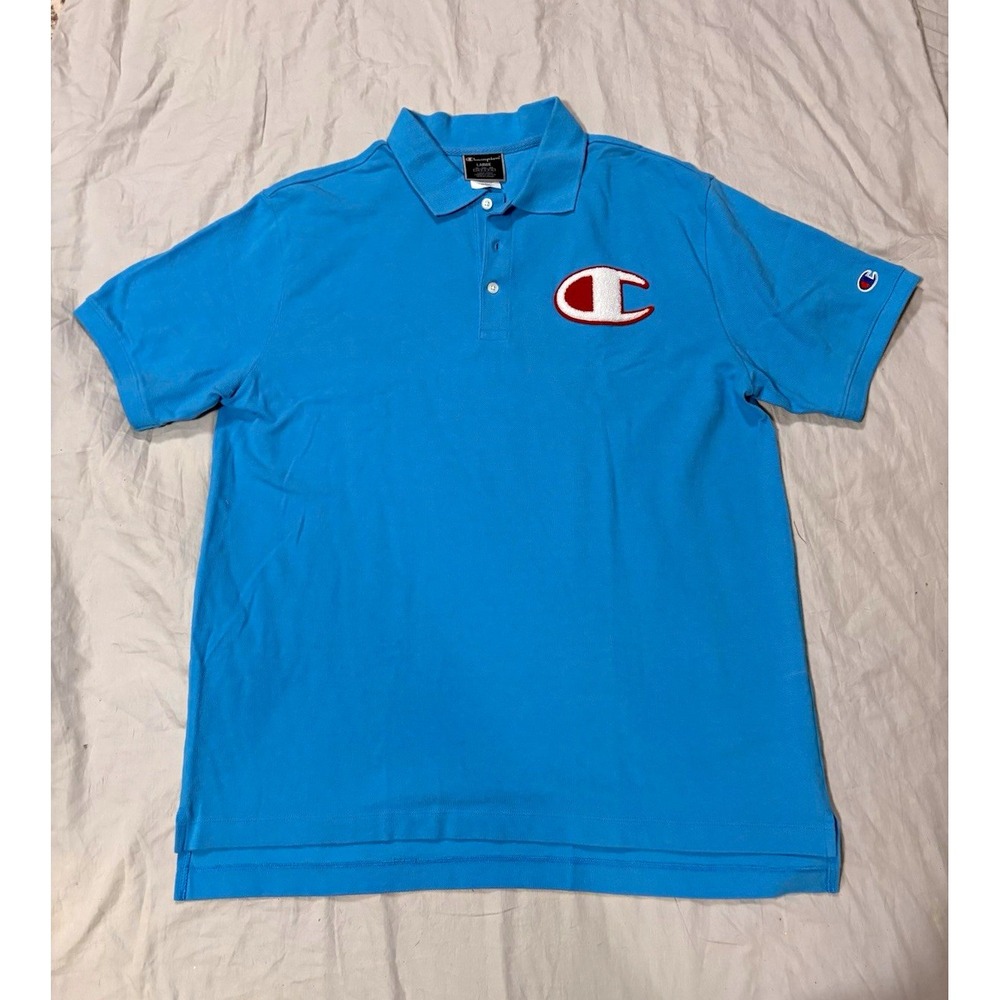 Champion Men's Large Blue Polo Shirt Big C Logo Spellout Back 100% Cotton L